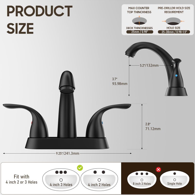 Phiestina 4 Inch 2 or 3 Holes 2 Handles Centerset Matte Black Lead-Free Bathroom Sink Faucet, Bathroom Faucet with Copper Pop Up Drain and Water Supply Lines, BF008-5-MB - Image 3